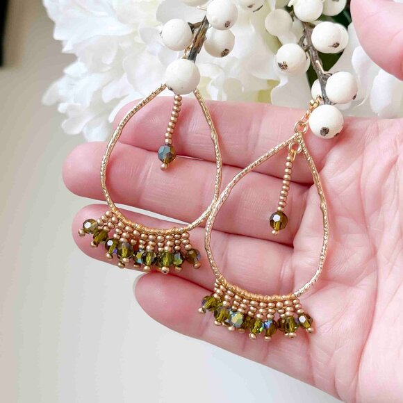 Handmade green and gold beaded crystal fringe earrings - Picture 7 of 7